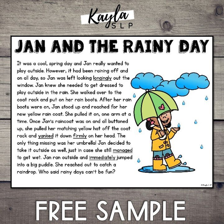 ☔FRIDAY FREEBIE!☔⁠
⁠
This is a fictional spring-themed packet FULL of language and literacy activities, great for mixed goals!⁠
⁠
Included are:⁠
☔A fictional story about getting ready to play in the rain.⁠
☔Story Sequencing (3 levels)⁠
☔Fill in the b
