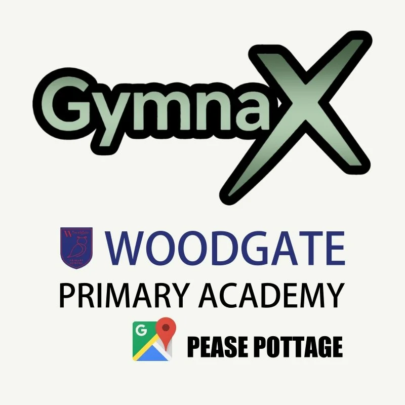 Logo for GymnaX, Woodgate Primary Academy, and Pease Pottage.