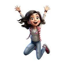 Cartoon girl with dark hair jumping with arms raised, smiling widely, wearing a plaid shirt, gray top, blue jeans, and red shoes.