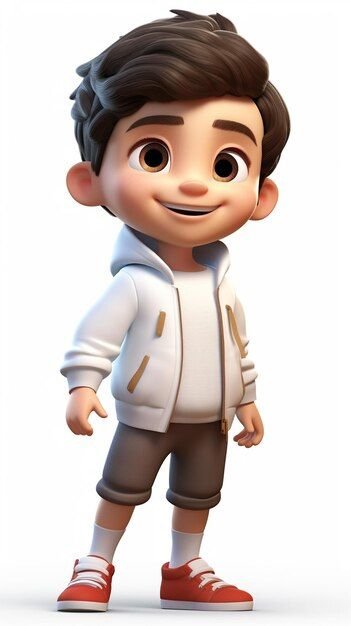 Animated young boy with brown hair, wearing a white hoodie, gray shorts, red sneakers, and white socks.