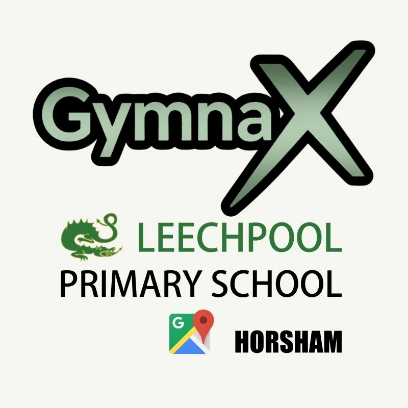 Logo for GymnaX Leechpool Primary School in Horsham, featuring a stylized green dragon, a Google Maps icon, and text in various fonts and sizes.