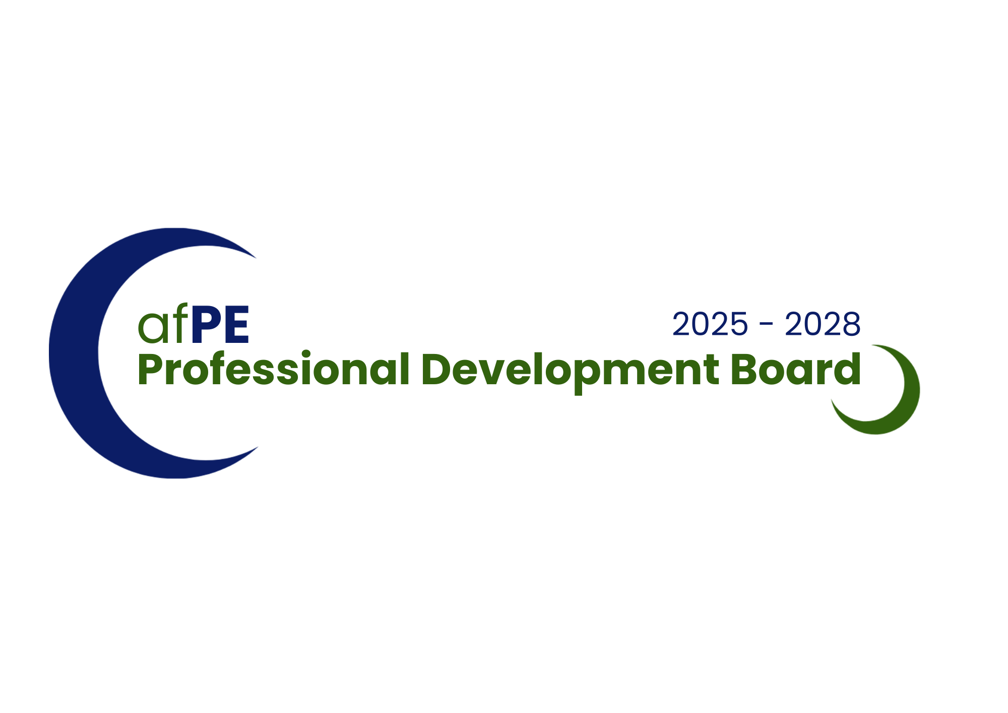 Logo for AFPE Professional Development Board 2025-2028, featuring a crescent moon and circular design elements in blue and green.