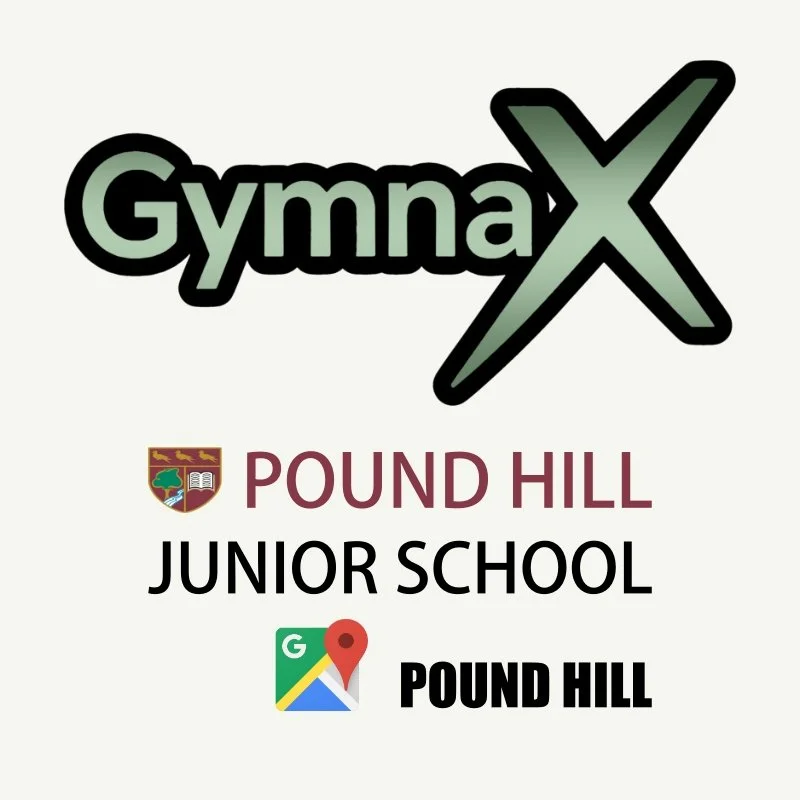 Logos and text representing GymnaX, Pound Hill Junior School, and Pound Hill, with a Google Maps icon.