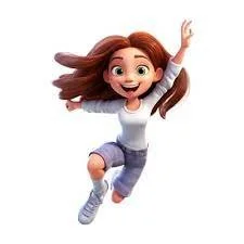 Animated girl with long brown hair jumping with a joyful expression, wearing a gray and white top and light blue pants.
