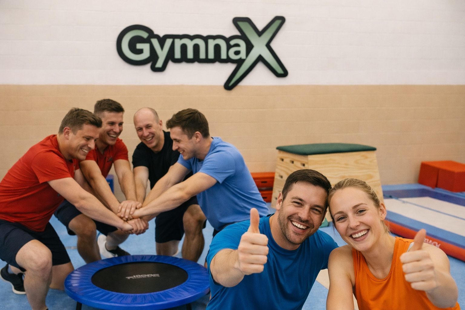 Group of five men and two women smiling and giving a thumbs-up, engaging in a fitness activity in a gym with GymnaX sign on the wall.