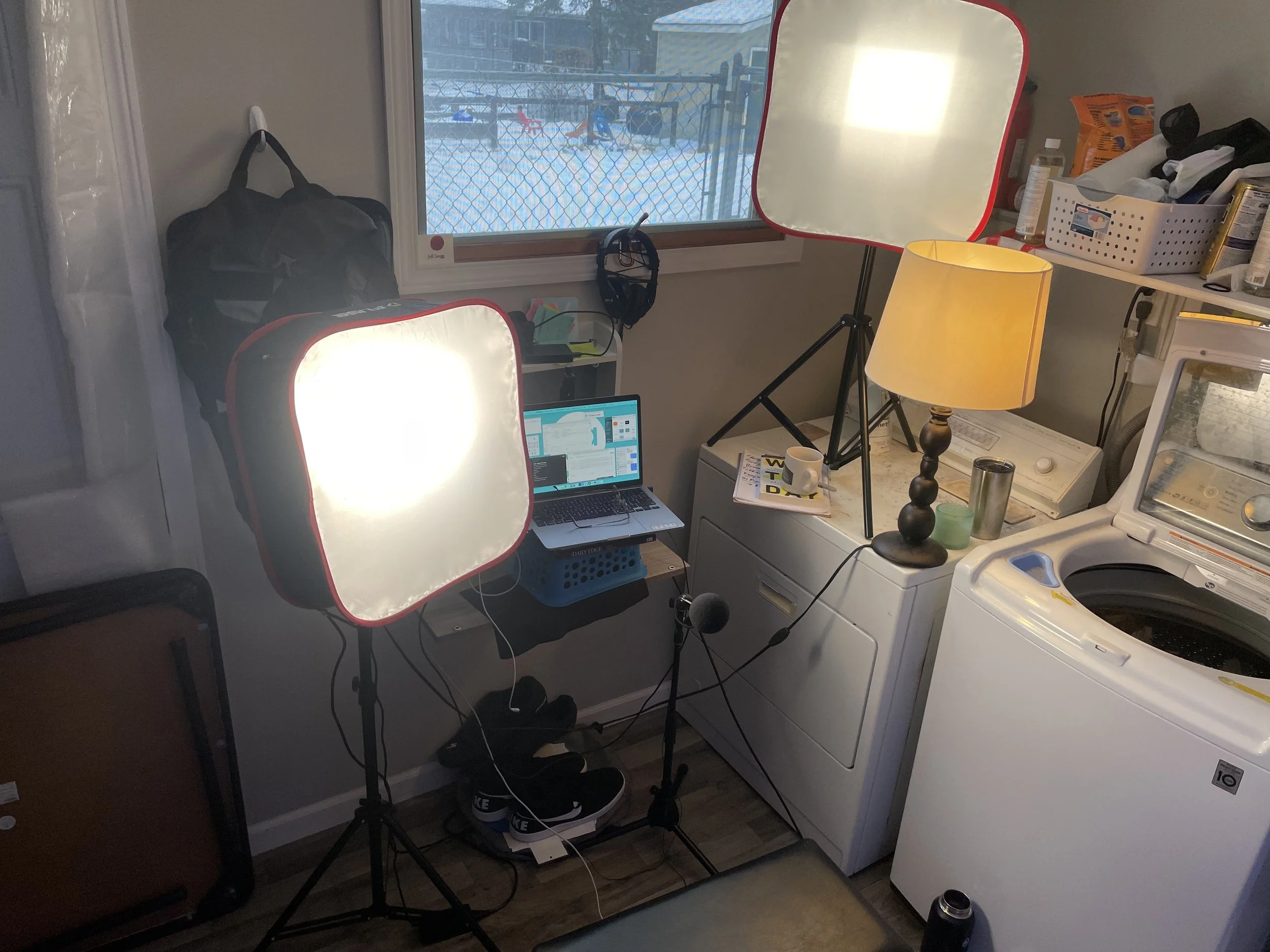 podcast set up in laundry room