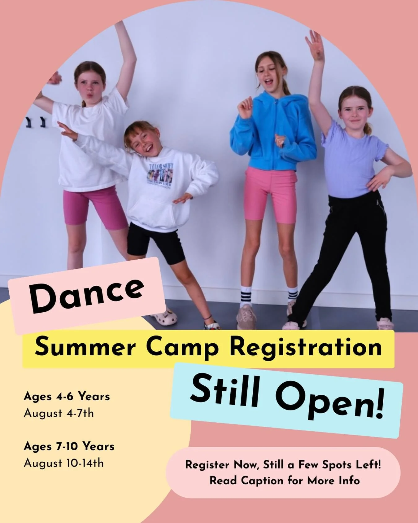 There&rsquo;s still a few spots left for our summer dance camps in August! Register through your parent portal now before it fills up! ☀️
&bull;
Our summer dance camps are the perfect mix of fun, creativity, and movement! Each camp includes dance cla