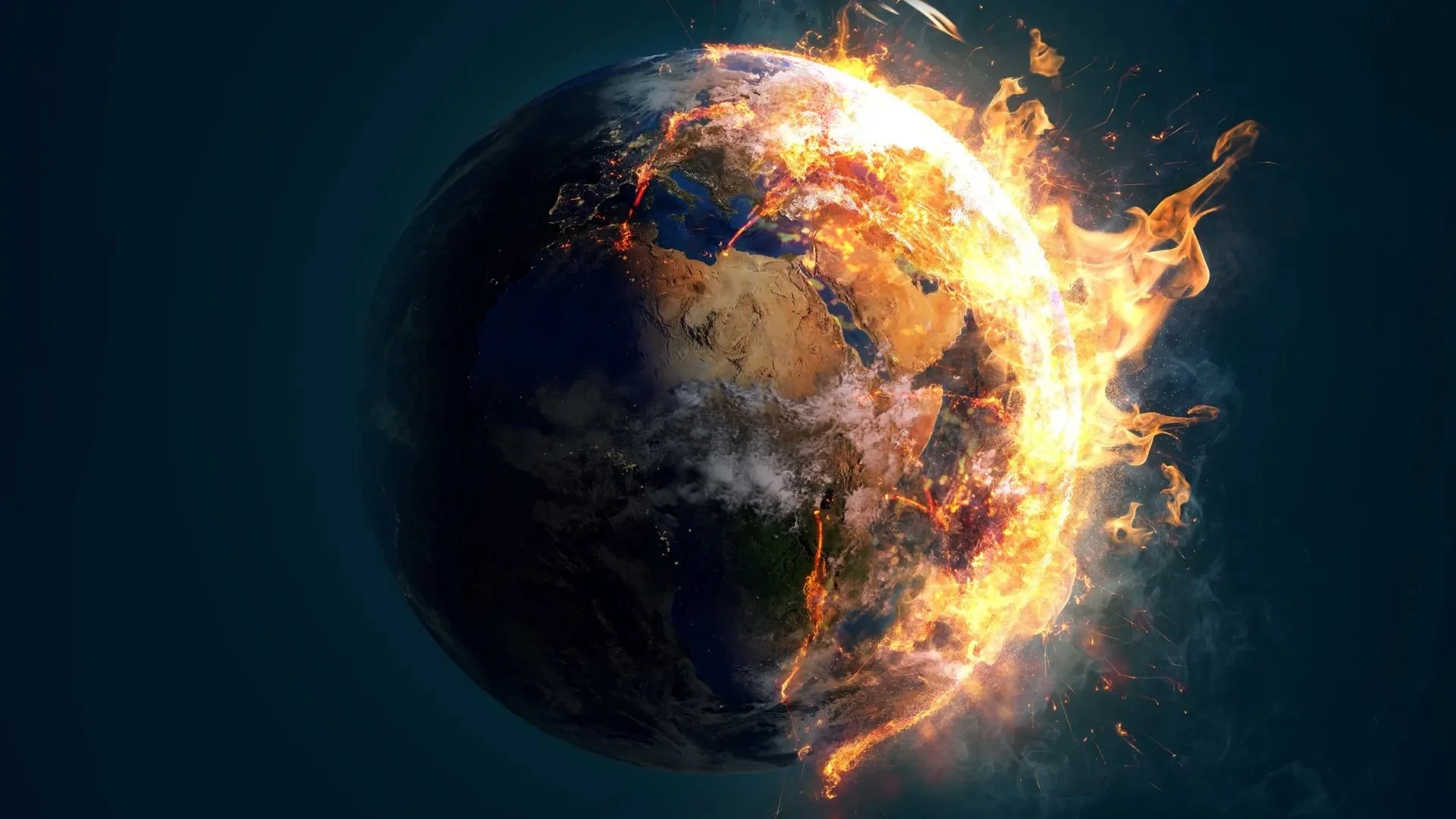 Digital illustration of Earth viewed from space, its right edge engulfed in flames and glowing embers against a dark blue background.