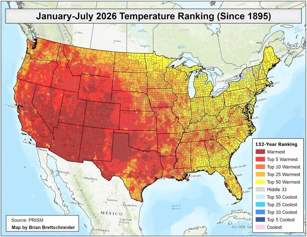 Map of contiguous United States titled "January–July 2026 Temperature Ranking (Since 1895)”. A legend ranks areas from warmest to coolest over the 132-year record; most of the country is red or dark red. Source: PRISM; map by Brian Brettschneider.