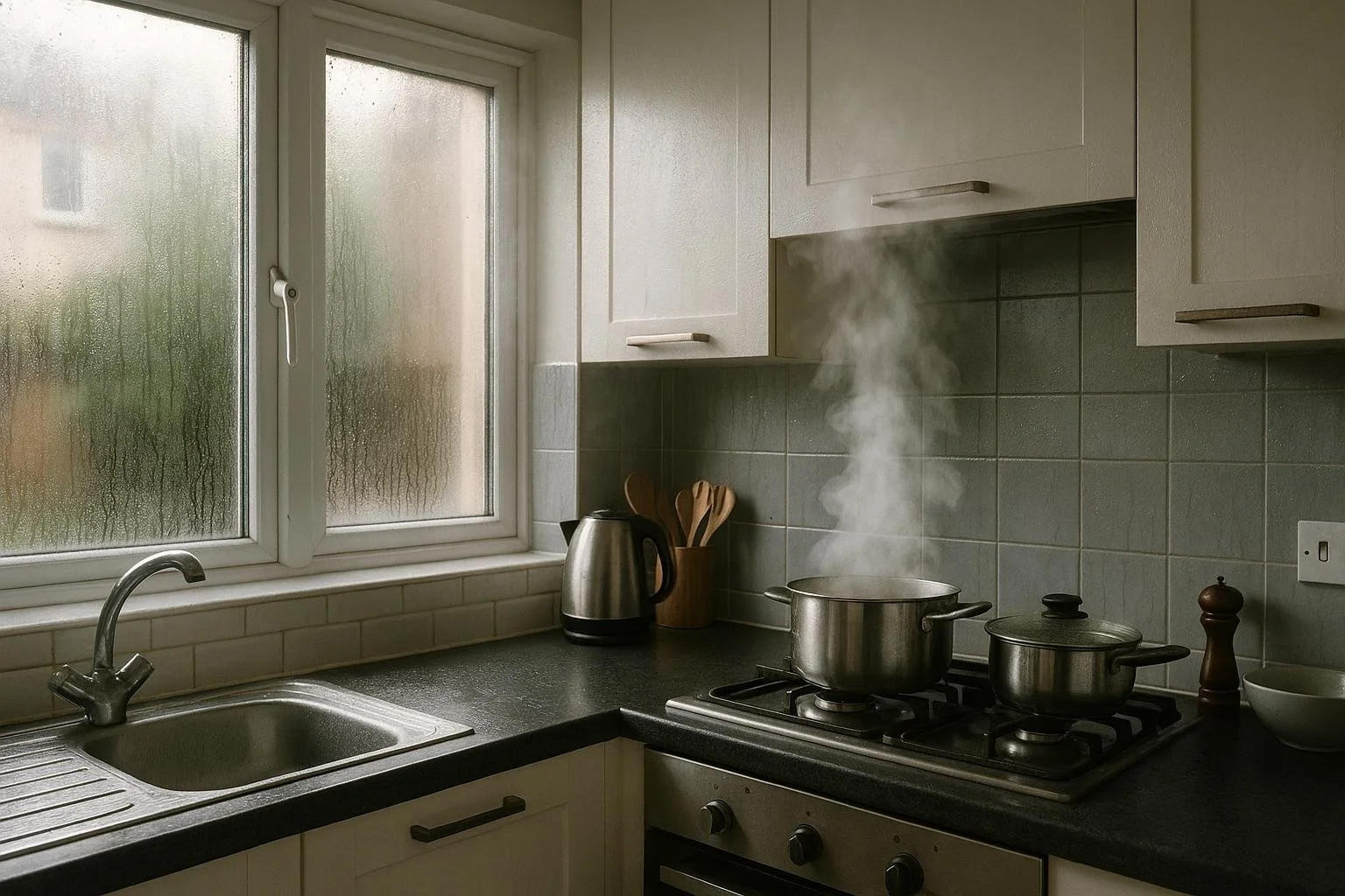 Cooking steam and condensation on kitchen windows illustrate the effects of inadequate ventilation and moisture extraction in a home.