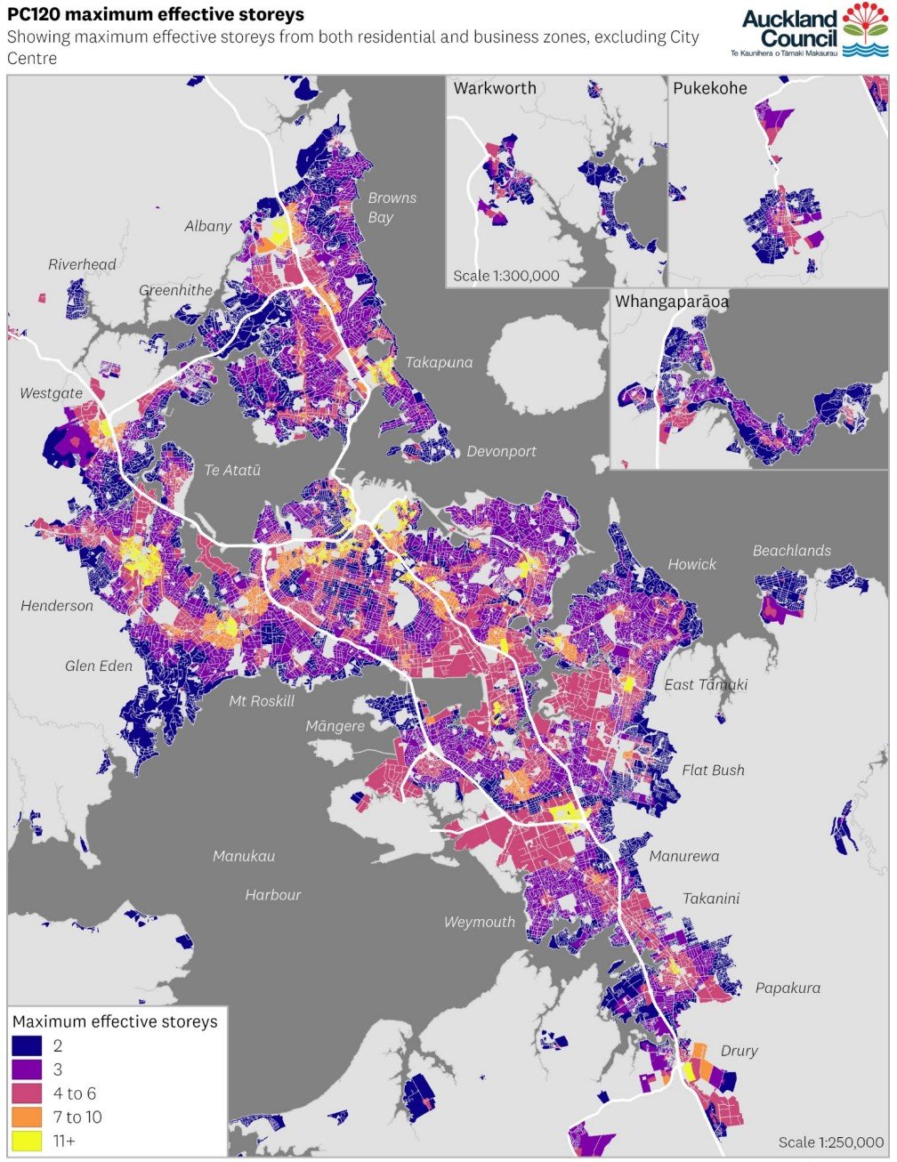 Map showing PC120 Maximum Effective Storeys from both residential and business zones, excluding Auckland City Centre
