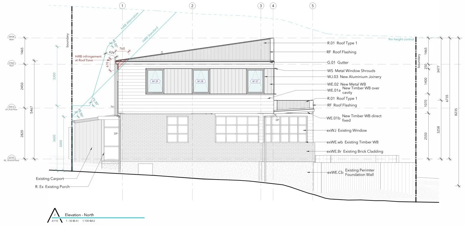 Architectural elevation drawing showing a proposed residential addition in relation to the boundary, including height in relation to boundary (HIRB) controls, recession plane lines, and a noted roof eave infringement.