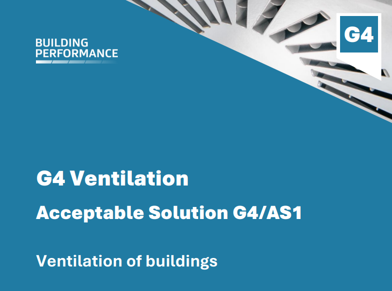 Cover of the New Zealand Building Code G4 Ventilation Acceptable Solution G4/AS1 for the ventilation of buildings.
