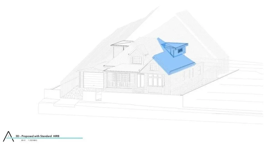 3D diagram of proposed building form with highlighted infringement to height in relation to boundary (HIRB) standards.