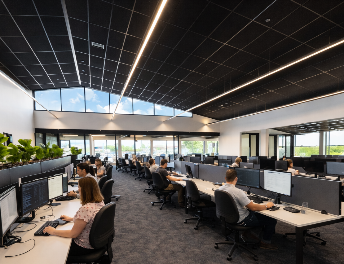 Open-plan office workspace with staff at desks, incorporating green planting, linear LED lighting, clerestory glazing, and external outlook to support daylight and occupant wellbeing.