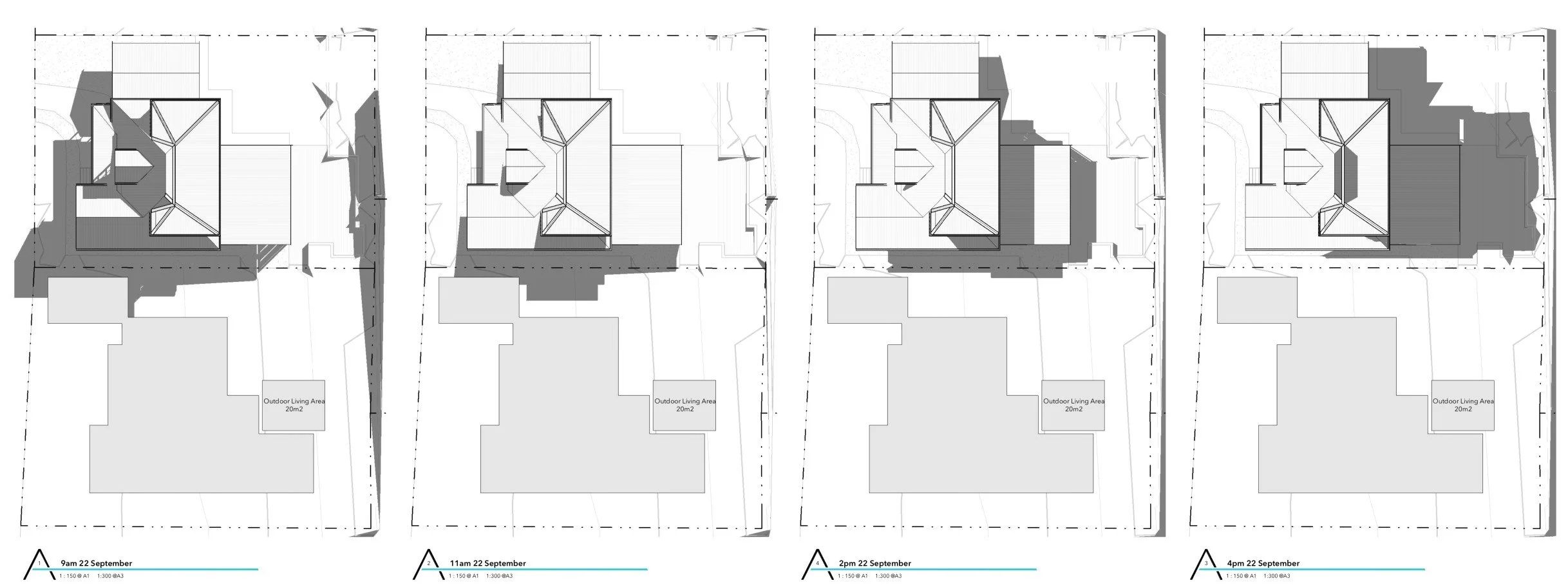 Series of four shade diagrams showing shadow movement across a residential site and neighbouring property at 9am, 11am, 2pm, and 4pm on 22 September, illustrating how building form affects sunlight access and boundary impacts throughout the day.
