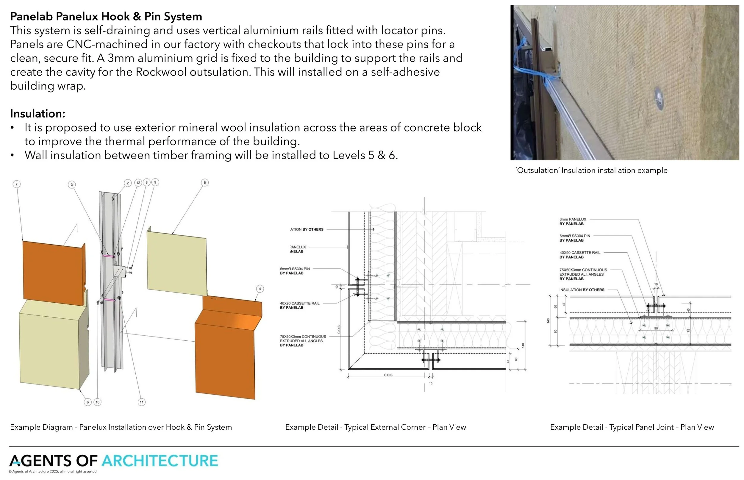Diagram and construction details of a ventilated façade system with external mineral wool insulation, illustrating how early design decisions improve thermal performance, durability, and long-term building performance.