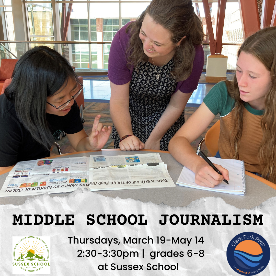 Students and teachers engaged in discussion around a newspaper and notebook in a bright indoor space with large windows, for a middle school journalism program in collaboration with Sussex School.
