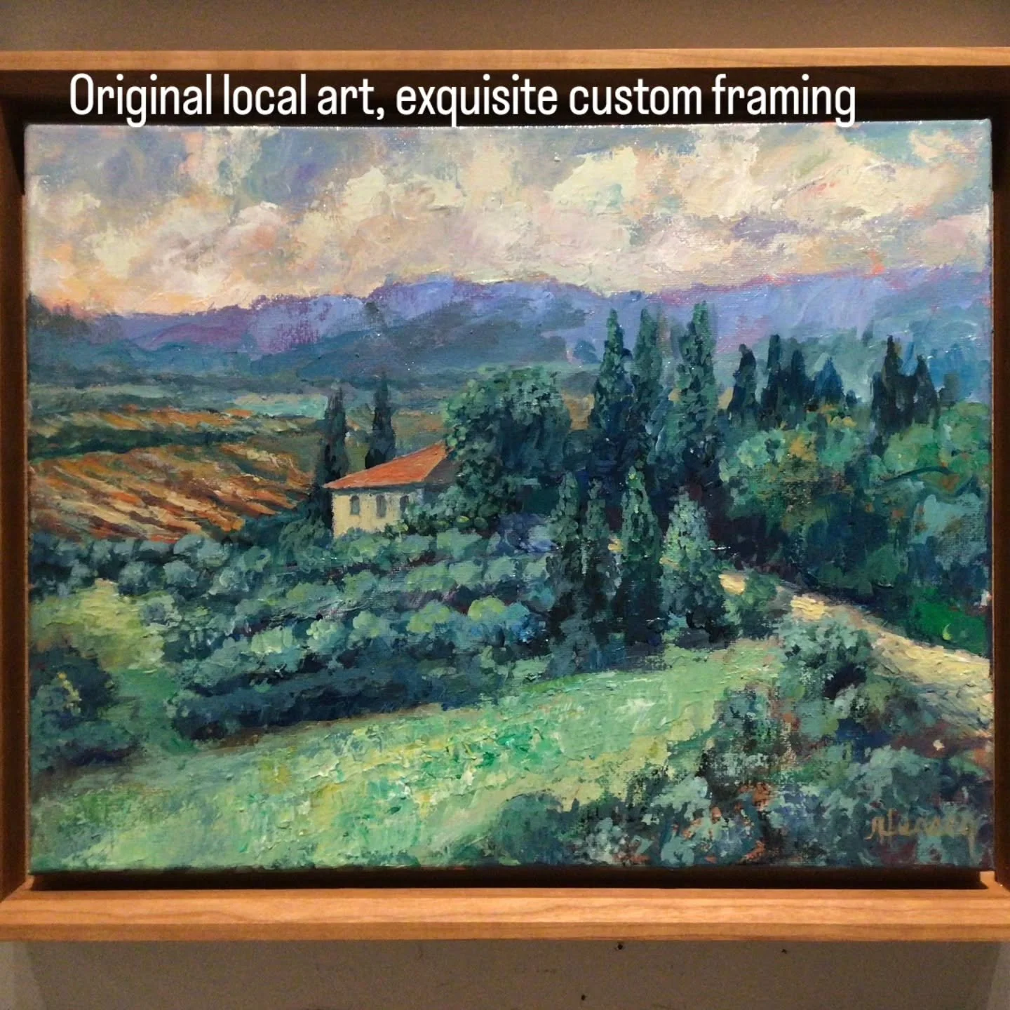 Check out Jeff Hersey's original acrylic impressionistic paintings!

This one is from San Gimignano, Italy, 12 1/2 X 15 1/2, framed in a cherry floater with Danish oil.