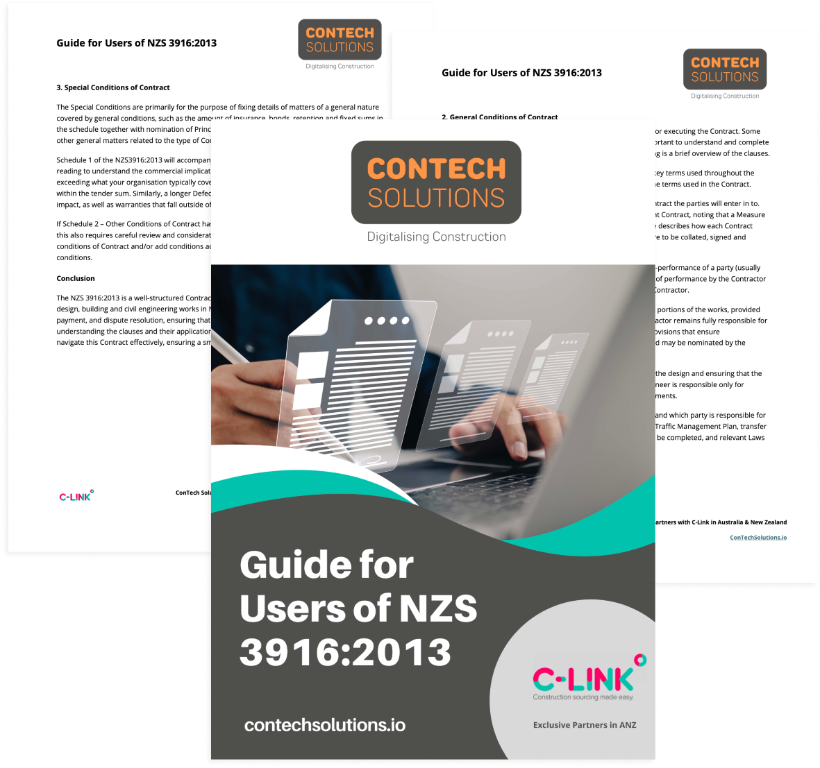 Promotional brochures for "Guide for Users of NZS 3916:2013" by Contech Solutions, featuring company logos and digital construction theme.