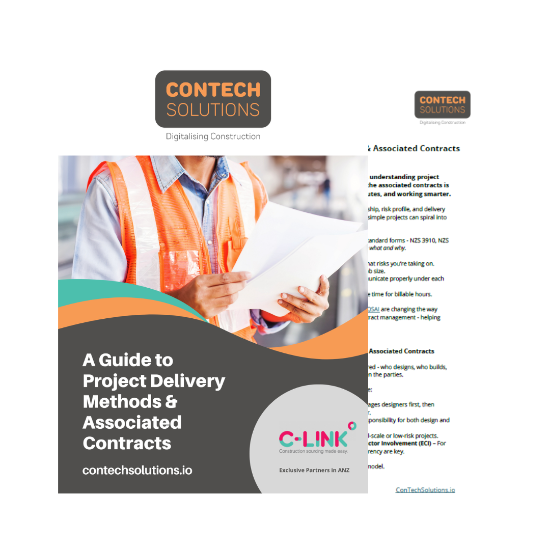 Cover page of a guide titled 'A Guide to Project Delivery Methods & Associated Contracts' by Contech Solutions, featuring a person in an orange safety vest reading documents, with the Contech Solutions logo and website.