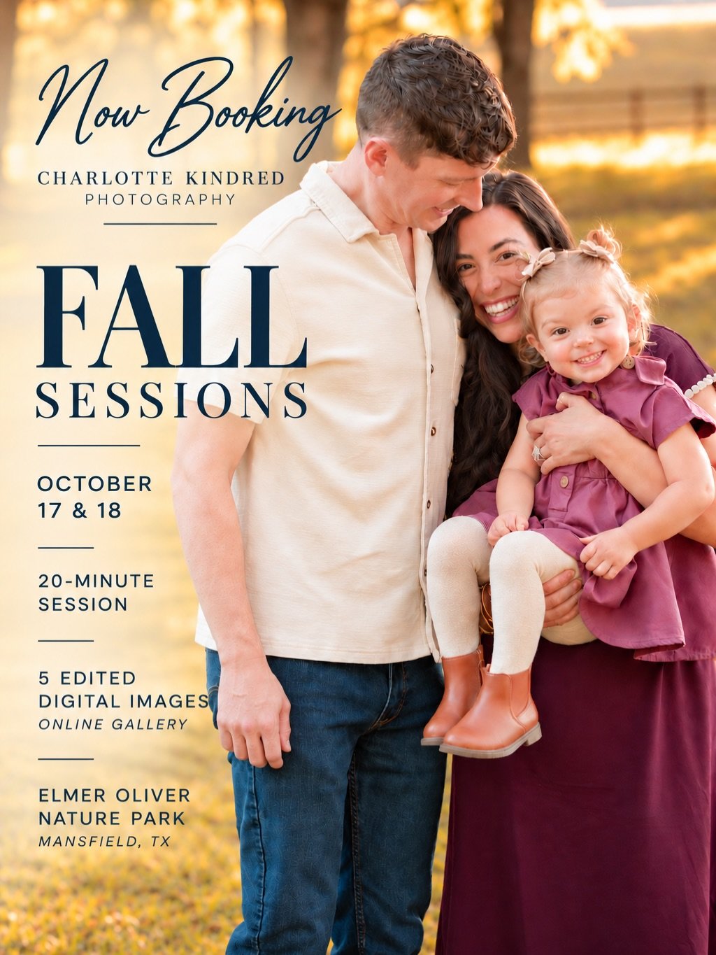 🍂 Fall Petite Sessions are officially OPEN!

If updating your family photos has been sitting on that &ldquo;we really need to do that&rdquo; list&hellip;this is for you! ❤️

Photo sessions will take place in Elmer Oliver Nature Park in Mansfield, TX