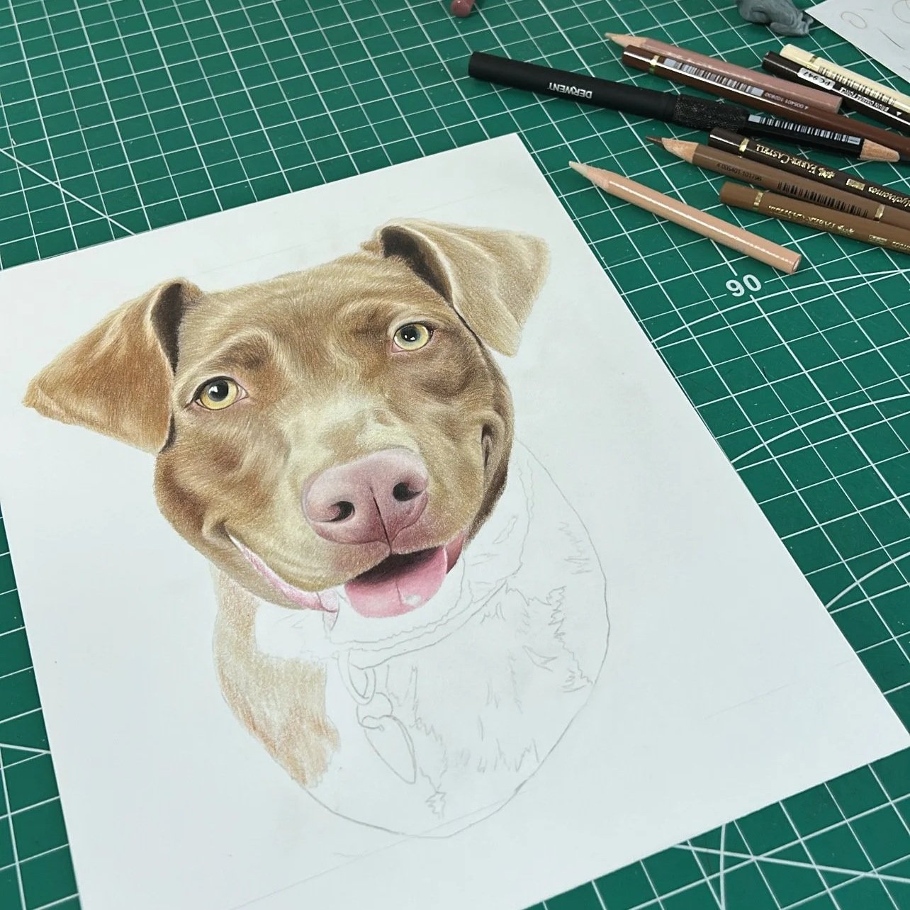 A realistic drawing of a smiling brown dog with green eyes, partially colored on white paper, on a green cutting mat with drawing tools beside it.