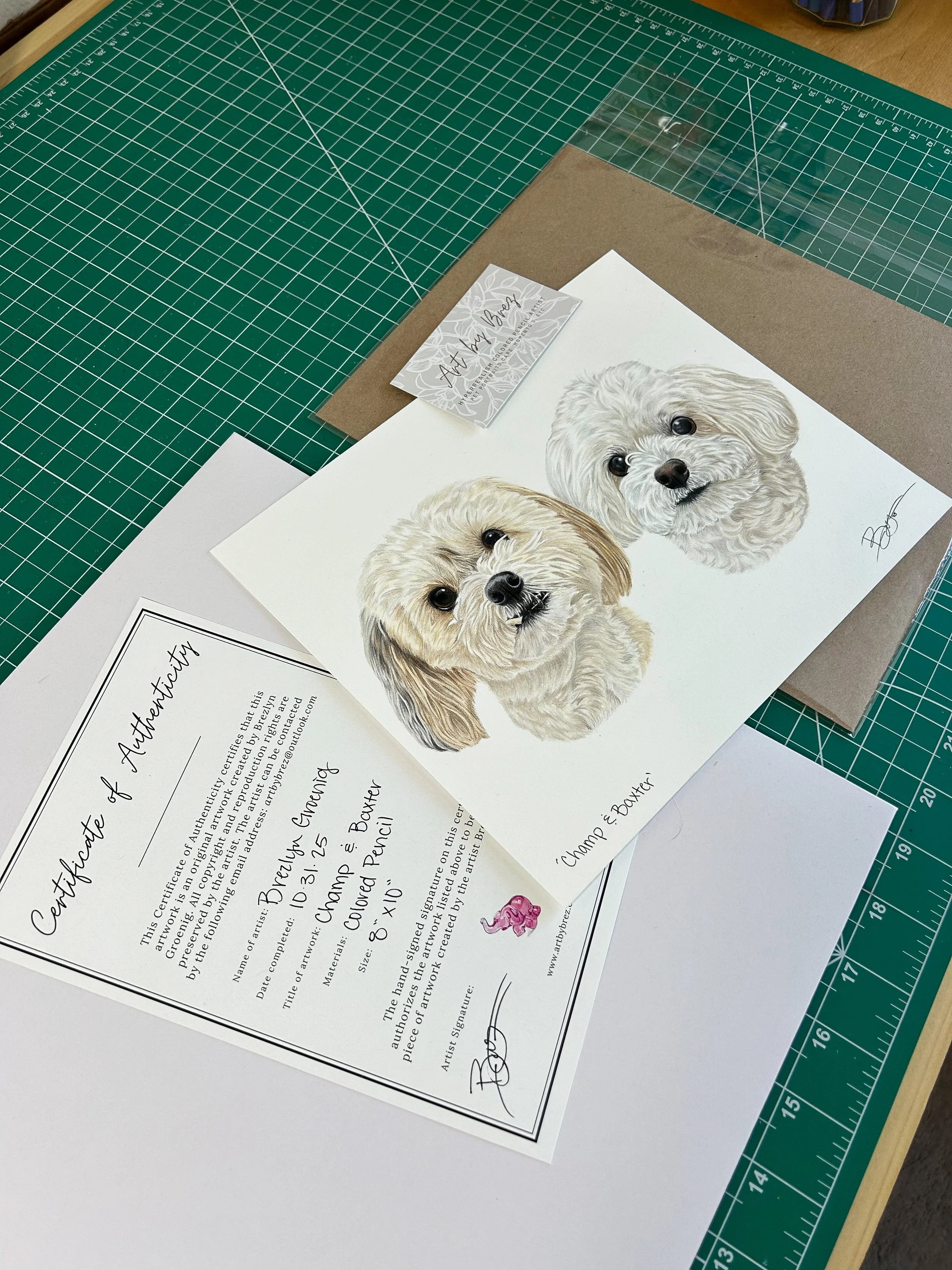 Hand-drawn watercolor portrait of two fluffy dogs on white paper, placed on a green cutting mat, accompanied by a certificate of authenticity and a business card.