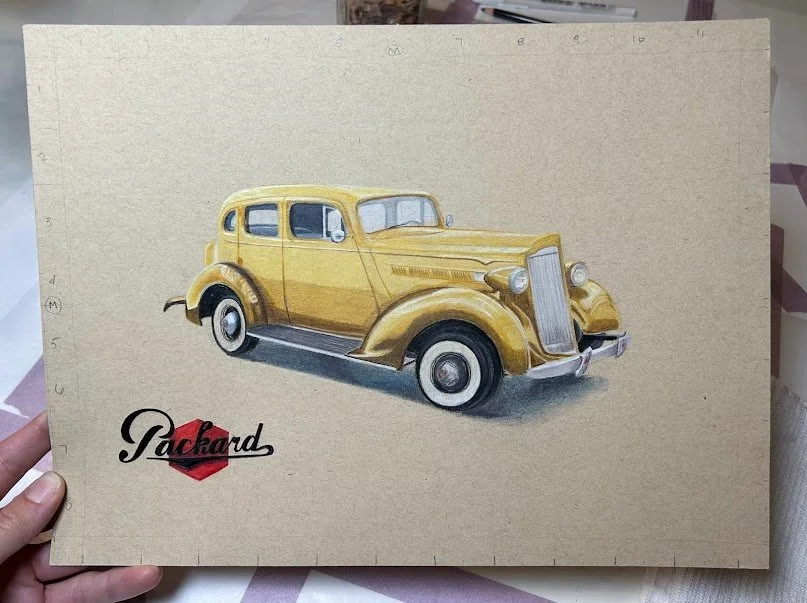 A vintage yellow Packard automobile illustration on a beige background with the Packard logo in black and red.