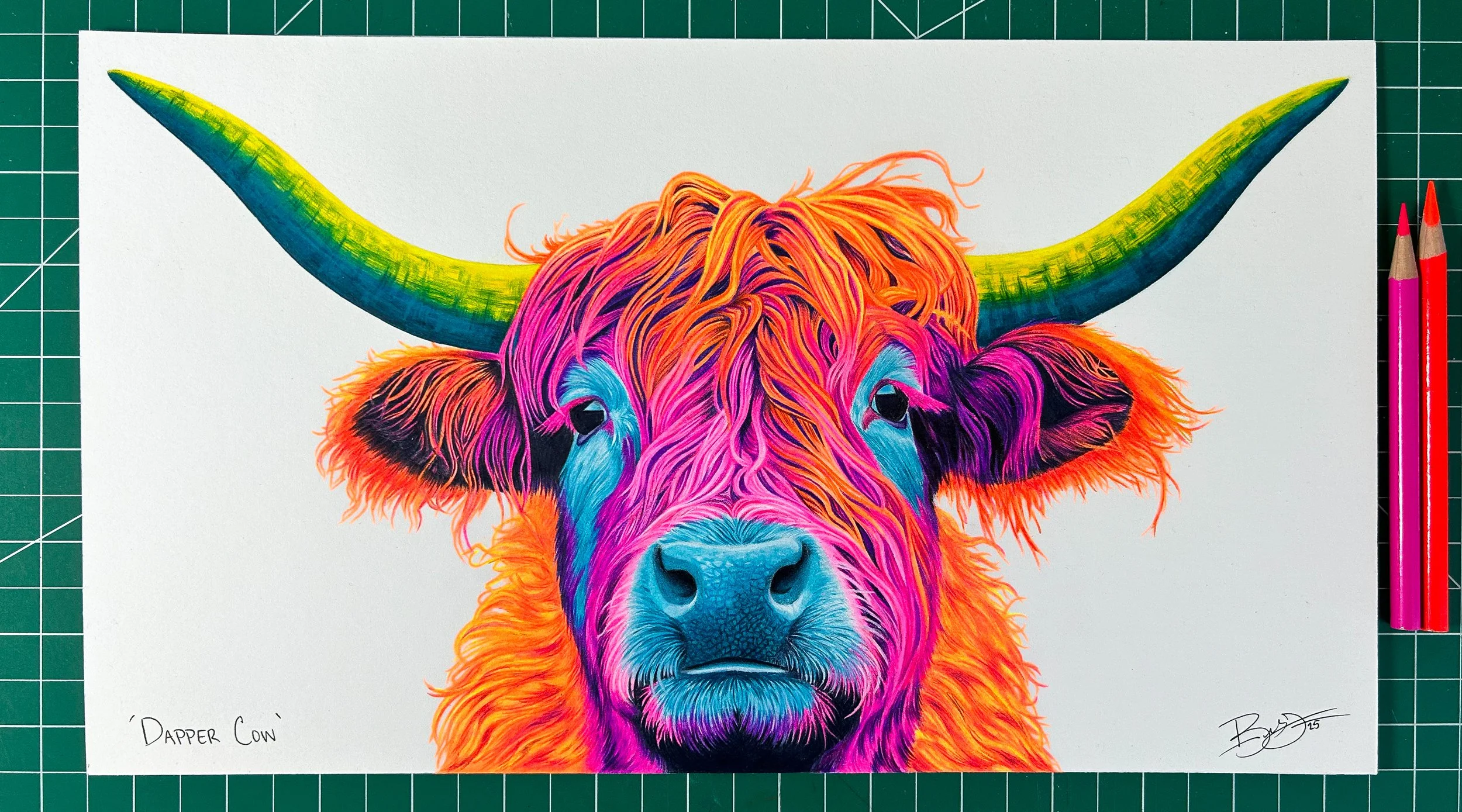 Colorful illustration of a cow with a pink, orange, purple, and blue face and large yellow and green horns. The artwork is named 'Dapper Cow' and signed in the bottom right corner.