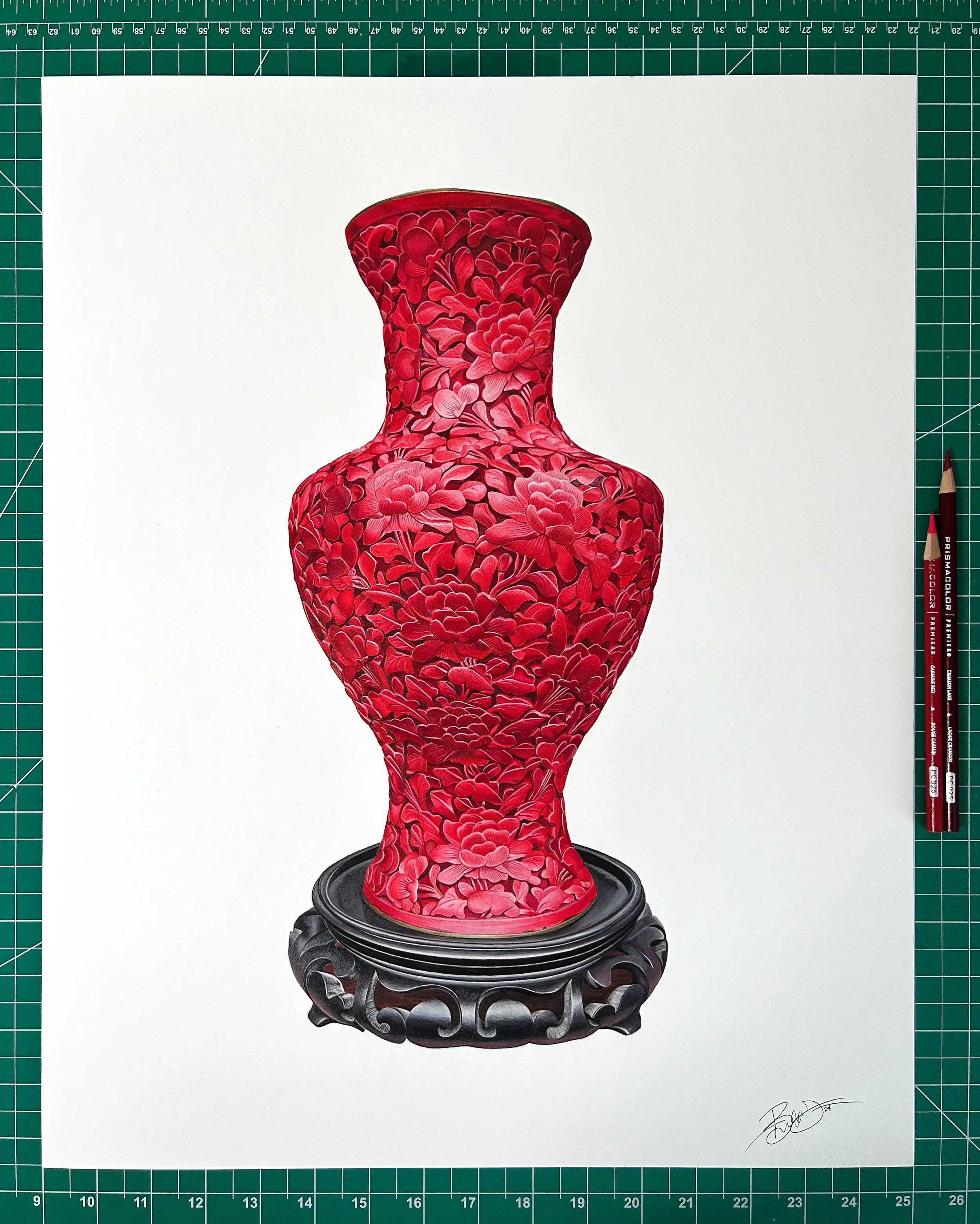 Illustration of a tall, ornate red vase with floral patterns, resting on an intricately carved black stand.