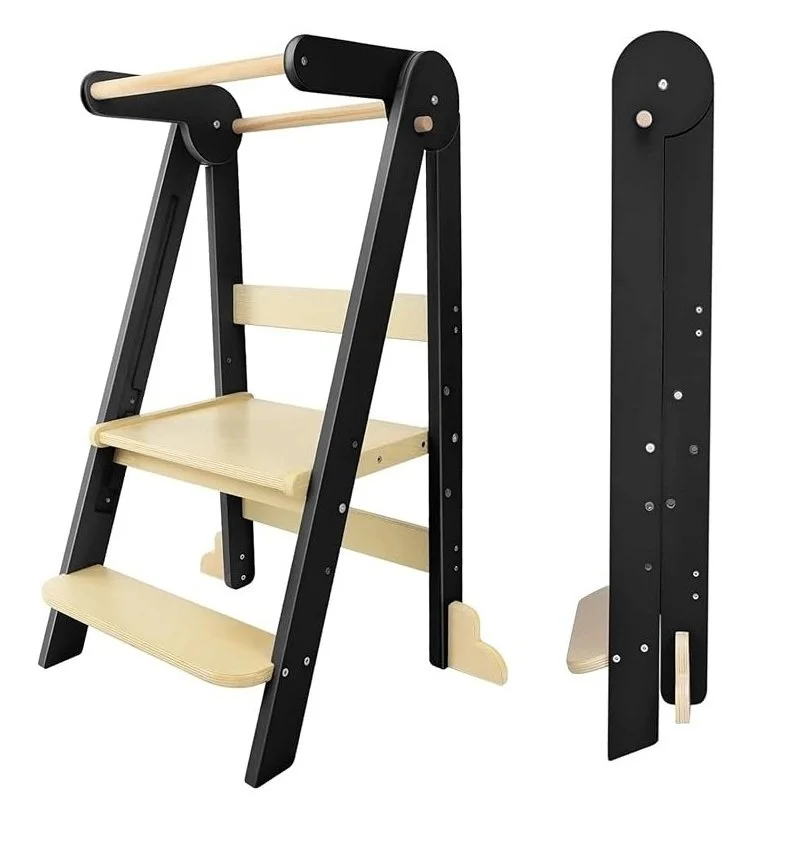 Black and natural wood folding Montessori learning tower with step and safety rail, shown in folded and standing positions