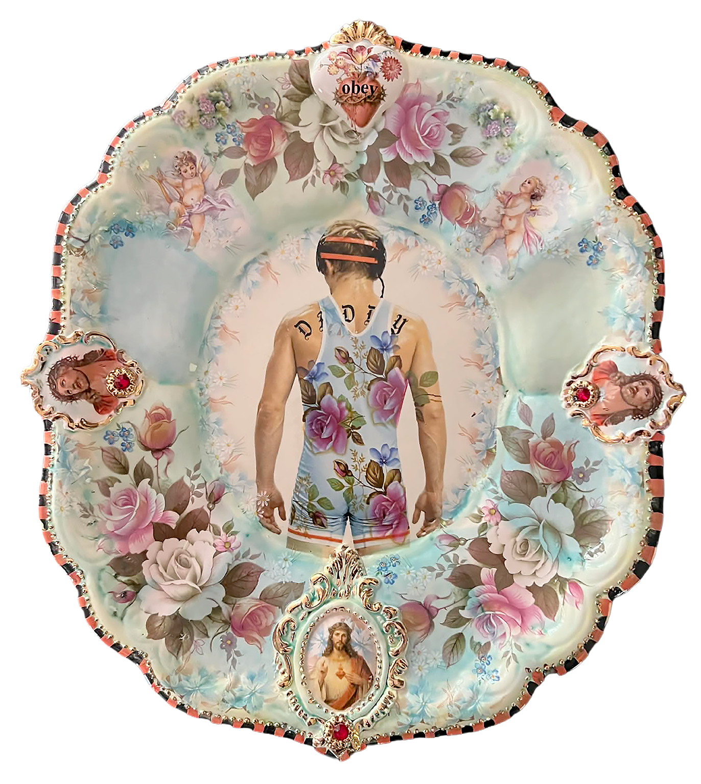Ceramic plate featuring a wrestler on it by gay artist Larry Buller.