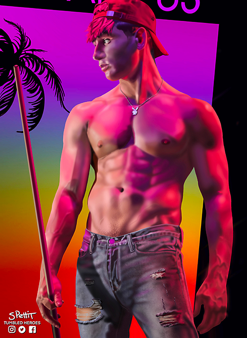 Shirtless muscled gay boy in jeans and backwards cap holding a pool stick in front of a tropical background.