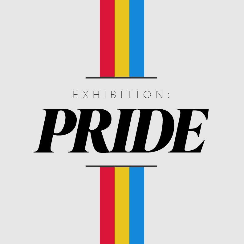 Graphic image that says "Exhibition: Pride" featuring red, yellow, and blue stripes, signifying the rainbow as part of the gay art exhibition hosted by Erostakles.