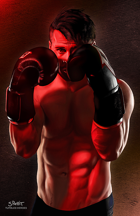 Digital painting of a shirtless muscled gay boxer in red light holding his fists up in front of his face, abs showing.