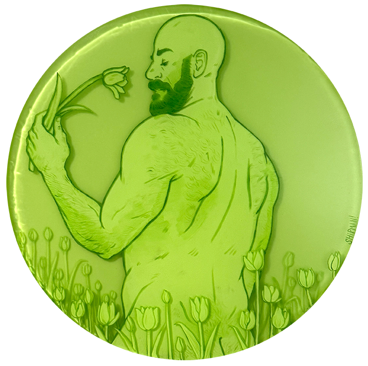 Resin art by Cody Shipman of a naked gay man holding a flower.