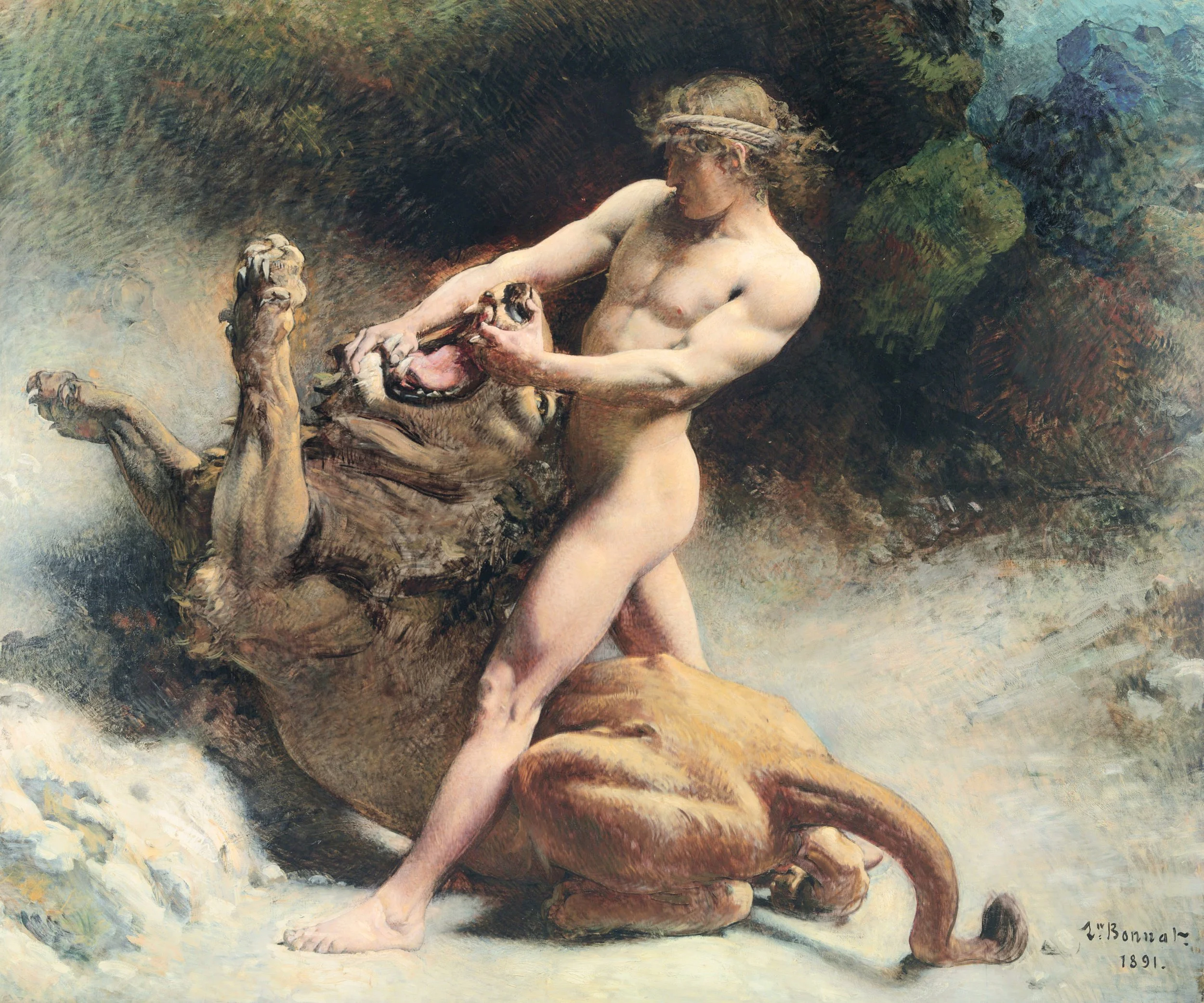 Painting of a naked man wrestling with a lion, depicting Samson by Leon Bonnat.