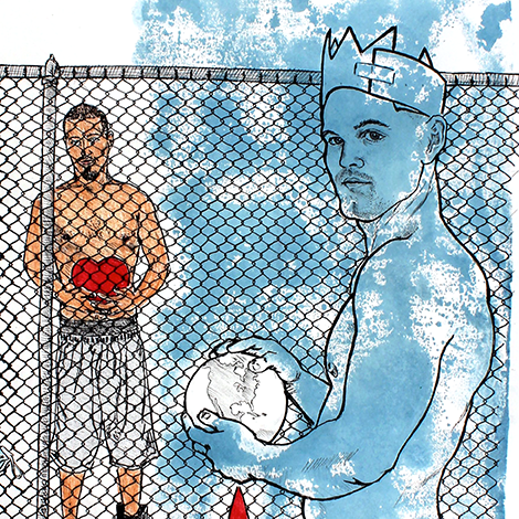 Gay art drawing by Ted Martin featuring a naked gay man holding a globe and a shirtless man behind a fence holding a large heart.