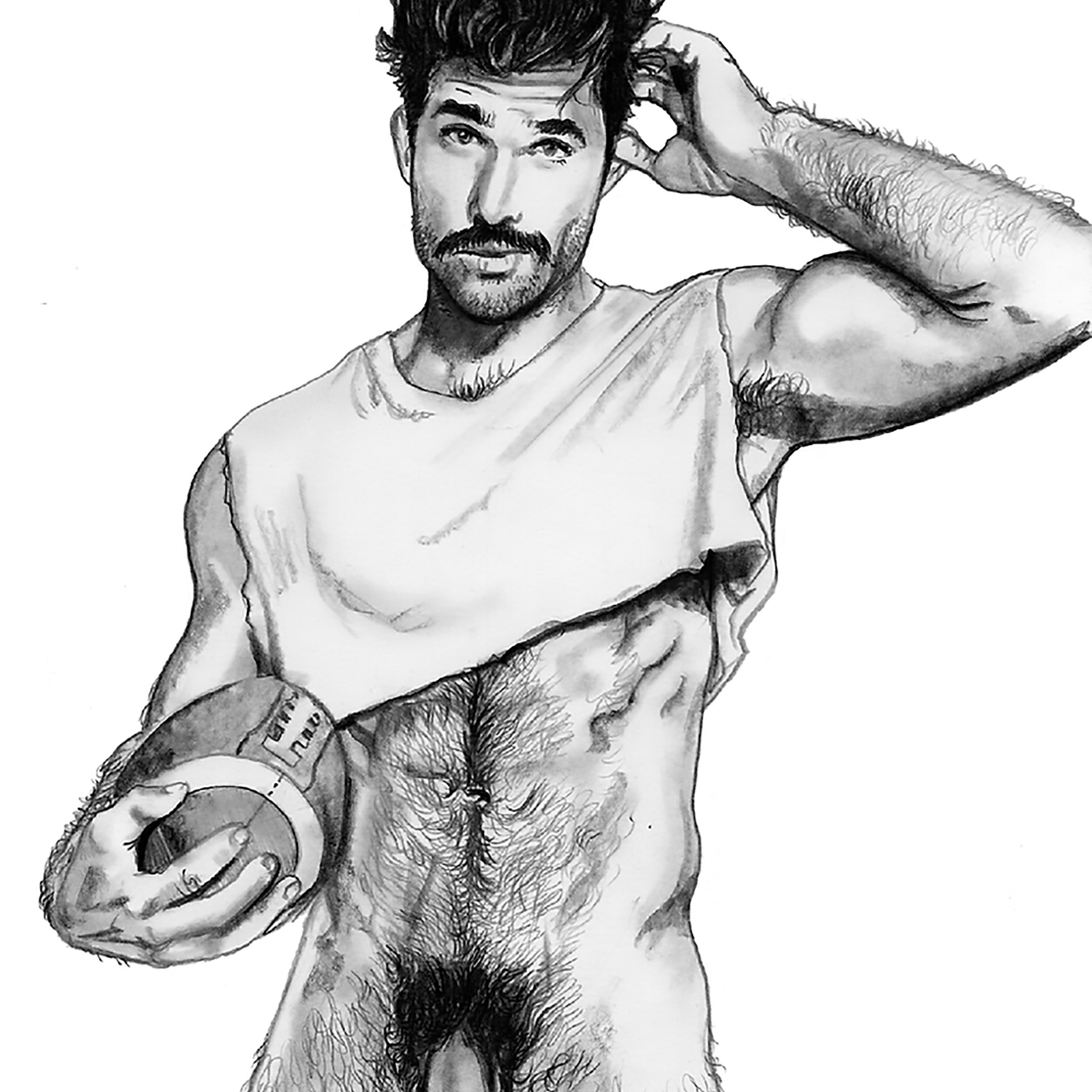 Pencil drawing of a naked bearded football guy by gay artist David Farquhar.