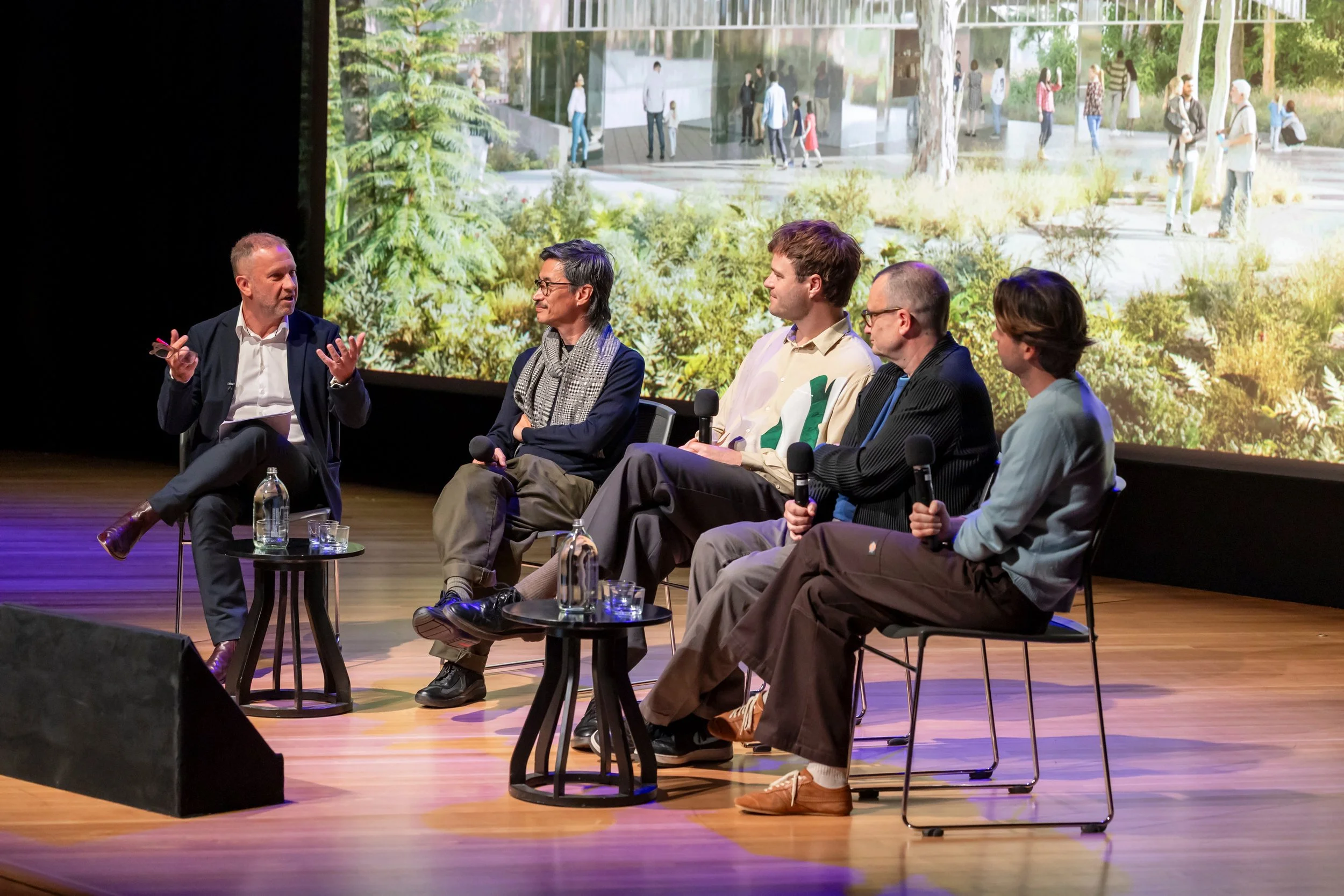 Anthony Burke with guests (left to right) Will Fung, Robert Champion, Philip Arnold & Johnny Ellice-Flint on stage at the NGA launch of Australia's Sculpture Garden Documentary