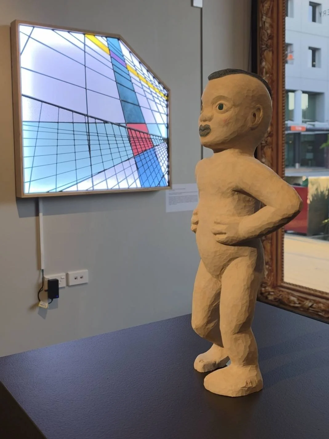 On display: …From a Photo I Took of the Brooklyn Bridge, 2025 
Leadlight and lightbox, 852mm h x 907 w x 67mm d
(Photo credit: He Waka Tuia [@hewakatuia]. (2025, November 1). Instagram https://www.instagram.com/hewakatuia/p/DQfjn2mEkcg/)