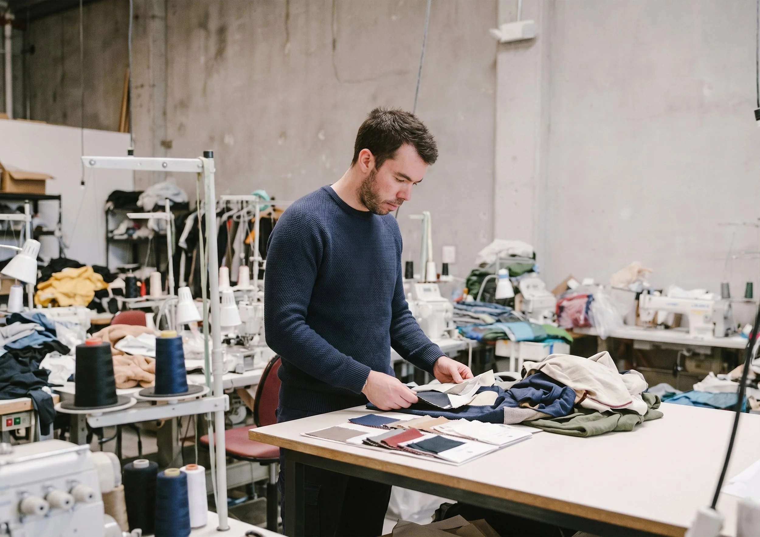 A man stands at a table in a workshop, organizing fabric swatches with sewing materials and clothing nearby, surrounded by shelves filled with textiles and sewing supplies.