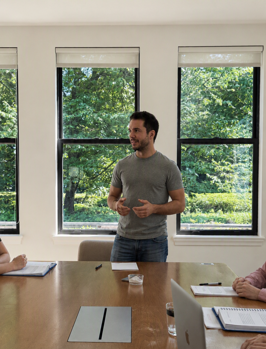 Man standing and speaking to a group in a meeting room with three large windows showing greenery outside.