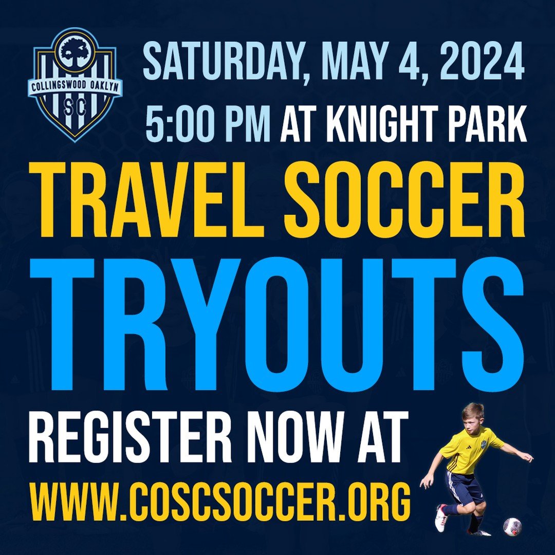 Travel soccer tryouts will be held on Saturday, May 4, 2024 at 5:00 PM in Knight Park. We will be forming new boys and girls teams as well as adding to our existing teams. Players with 2017, 2016, and 2015 birth years should attend tryouts on May 4. 