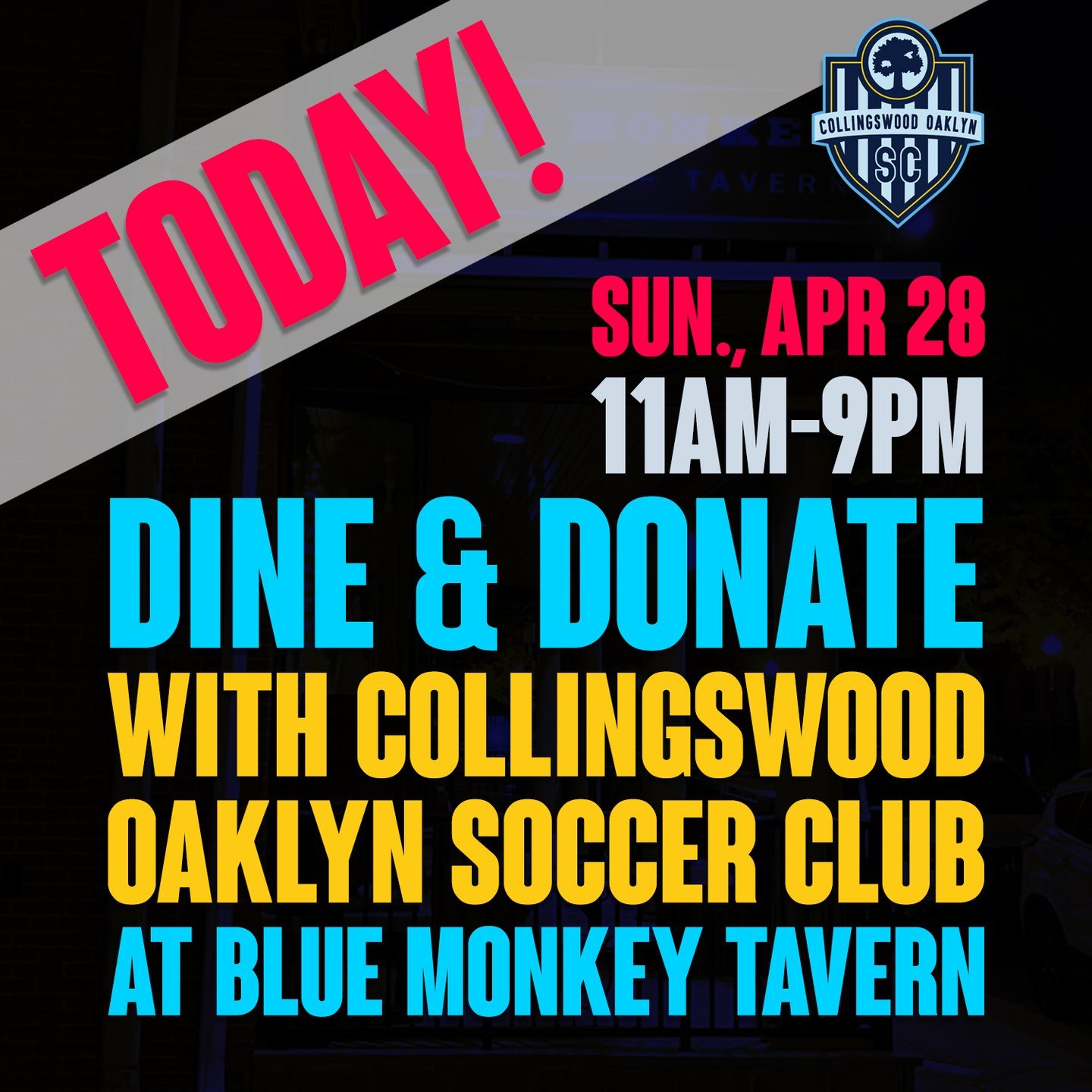 Today - Sunday, April 28! Join us for our dine &amp; donate fundraiser at the Blue Monkey Tavern in Merchantville. Enjoy food and beverages and tell your server you are with Collingswood Oaklyn Soccer Club! See you there! 🍔🍺
