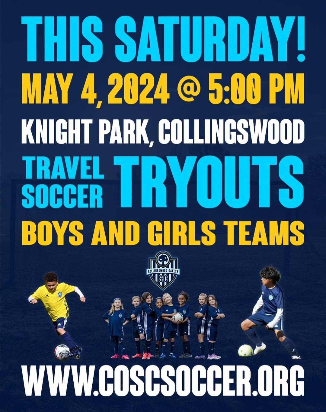 COSC travel soccer tryouts will be held this Saturday, May 4, 2024 at 5:00 PM at Knight Park in Collingswood, NJ. Boys and girls players with 2015, 2016, and 2017 birth years should register and attend tryouts! Players with 2014 and older birth years