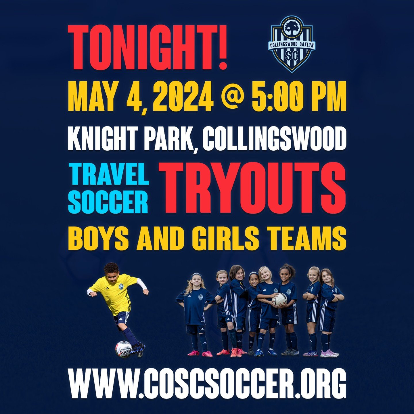 ⚽️⚽️ Travel soccer tryouts will be held tonight, Saturday, May 4, 2024! New players with 2017, 2016, and 2015 birth years must attend tonight. Players with 2014 and older birth years must also register to be invited to a current team practice to serv