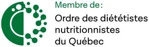 Logo de l'Ordre des diététistes nutritionnistes du Québec avec le texte "Membre de: Ordre des diététistes nutritionnistes du Québec".