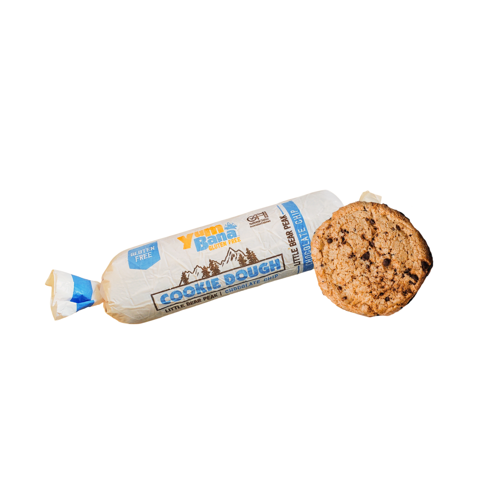 A gluten-free cookie dough chub with a baked cookie